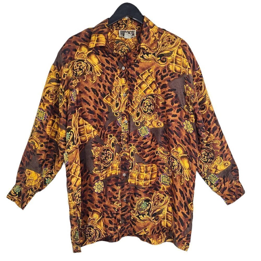 Vintage 90s Forenza Silk Animal Print OVERSIZED Button Front Long Sleeve Shirt